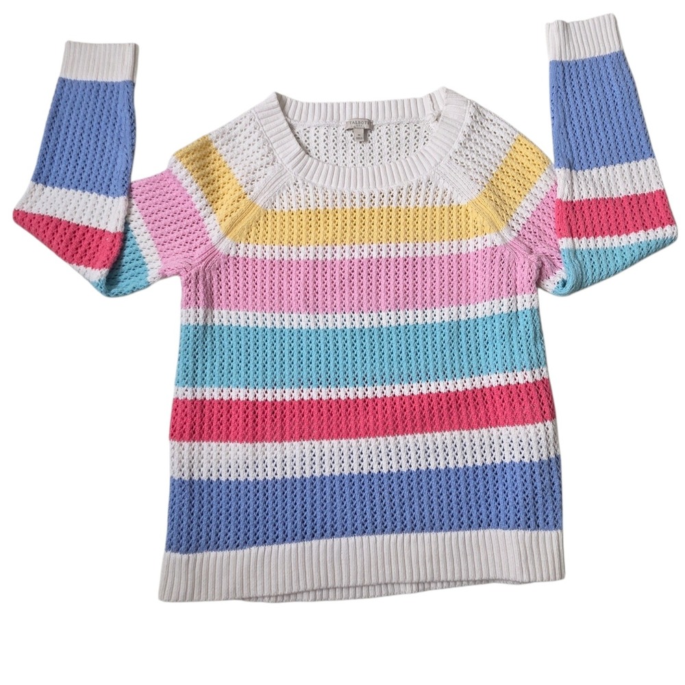 Talbots Womens Multicolor Cotton Open Knit Striped Sweater Size M Rainbow Preppy